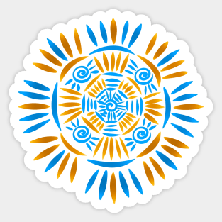 Bohemian Mandala Crochet Pattern - Boho Medallion - Ancient Ethnic Ornament Obereg - Folk Magic Shamanic Tribal Mood - Deep Cyan Blue Dark Sea Shade - Medium Ochre Orange Brown 2 Sticker